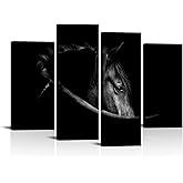 KLVOS Black and White Horse Painting Wall Art Vintage Animals Picture Print on Canvas 4 Panels Cool Artwork Stretched Framed Modern Living Room Home Men Office Bedroom Decoration