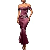 CurvySweet Satin Off The Shoulder Maxi Dress Ruched Bodycon Corset Built-in Bra Mermaid Fall Formal Evening Gown for Women