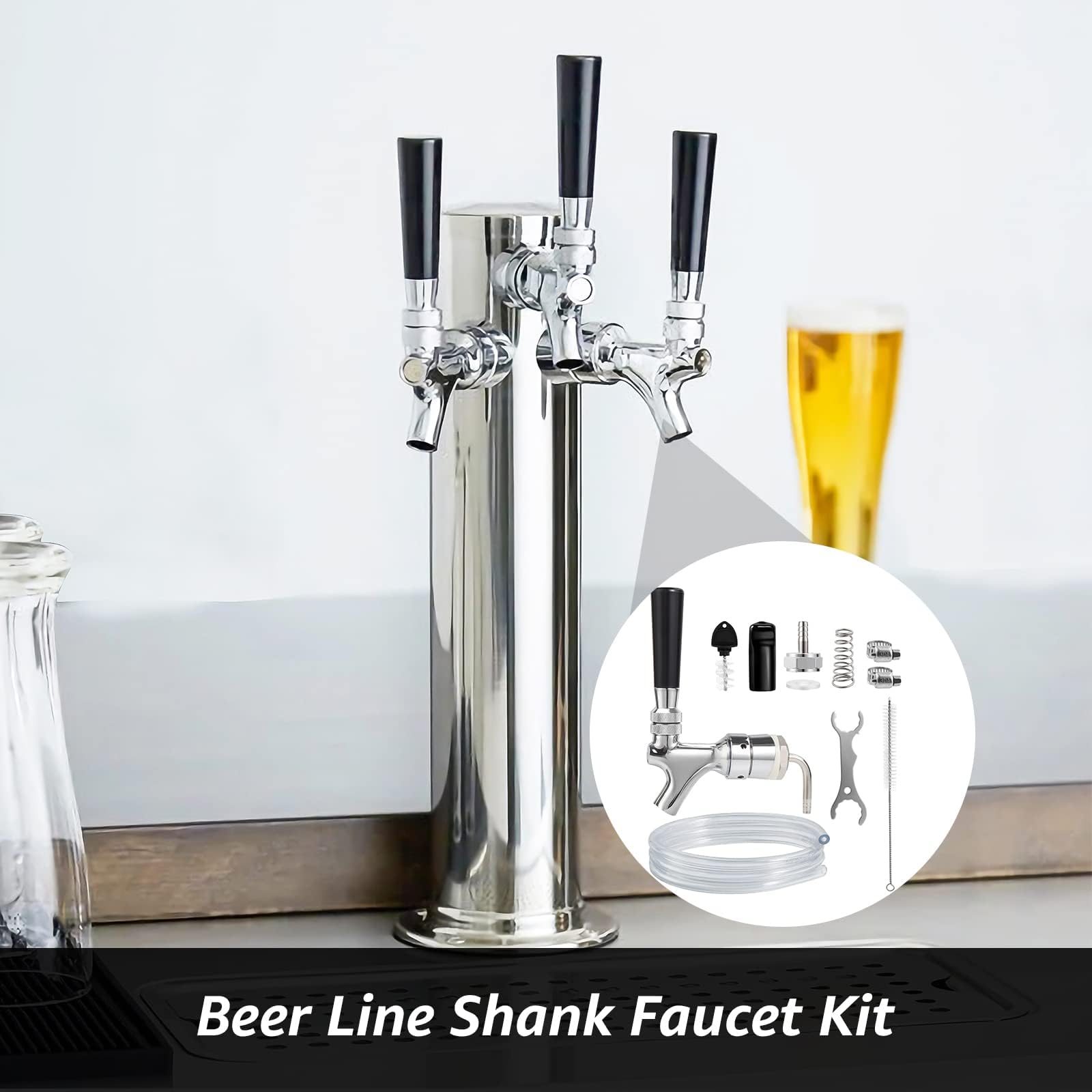 Draft Beer Faucet Beer Line Shank Kit Kegerator Parts Beer Tower Dispenser Replacement Set Self-Closing Beer Tap Wrench I.D.3/16” Beer Tubing 1/4”Keg Coupler Barb Cleaning Brush Tap Cover