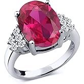 Gem Stone King 5.40 Cttw Red Created Ruby and White Topaz Engagement Ring For Women | 925 Sterling Silver | Oval 12X10MM | Wedding Engagement Anniversary Promise Ring For Women
