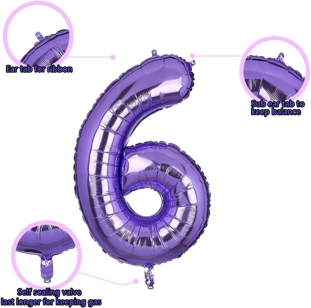 Large Foil Purple Number 6 Balloons Big Mylar Helium Balloon Birthdays Party Decorations Supplies Girls 40 Inch - Image 4