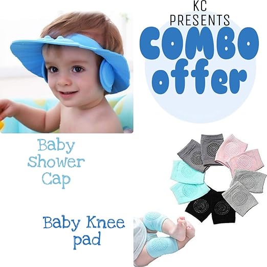 KC Combo!!! Baby Bathing Shower Cap for Eye/Ear Protection and Baby Knee/Elbow Pad/Socks for Crawling Safety (1 Cap + 1 Pair Knee Pad) (Multi Colour)