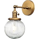 PERMO Vintage Industrial Wall Sconce Lighting Fixture with Mini 5.9" Round Clear Globe Ribbed Glass Shade (Antique Brass Gold