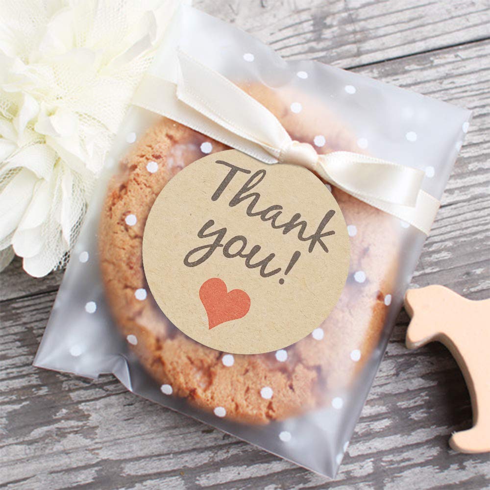 Self Adhesive Cookie Bags, White Polka Dot Individual Resealable Cellophane Treat Bags with Thank You Stickers for Gift Giving (3.9''x3.9'', 100 Pcs)