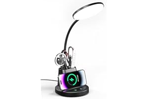 Vicsoon Desk Lamp with Wireless Charger, LED Desk Lamp for Home Office with Pen Holder, Dimmable Eye-Caring Study Desk Light Flexible Arm 3 Color Modes for College Dorm, 800 Lumens CRI 90