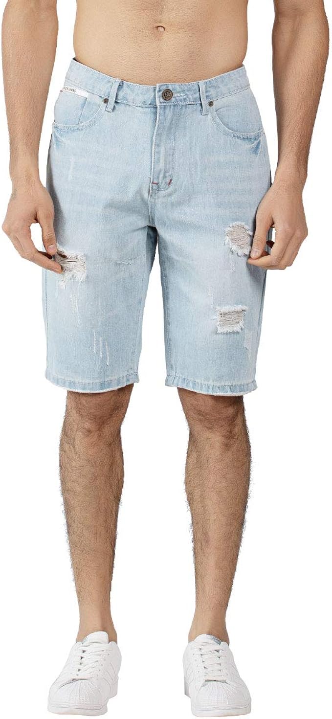 blue denim extreme rip front shorts