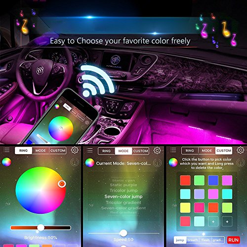 Car LED Strip Lights, ONEKA 4pcs 48 LED Bluetooth APP Control Atmosphere Interior Lights Multicolor Music Car Led Light Strips Under Dash Lighting Kit For DIY Car Indoor Party (Car Cigarette port)