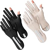 Yahenda 2 Pairs Women UV Sun Protection Gloves Touchscreen Arm Sun Driving Gloves UPF 50+ for Outdoor Sports Cycling(Two Fingertip Opening,Black, Khaki)