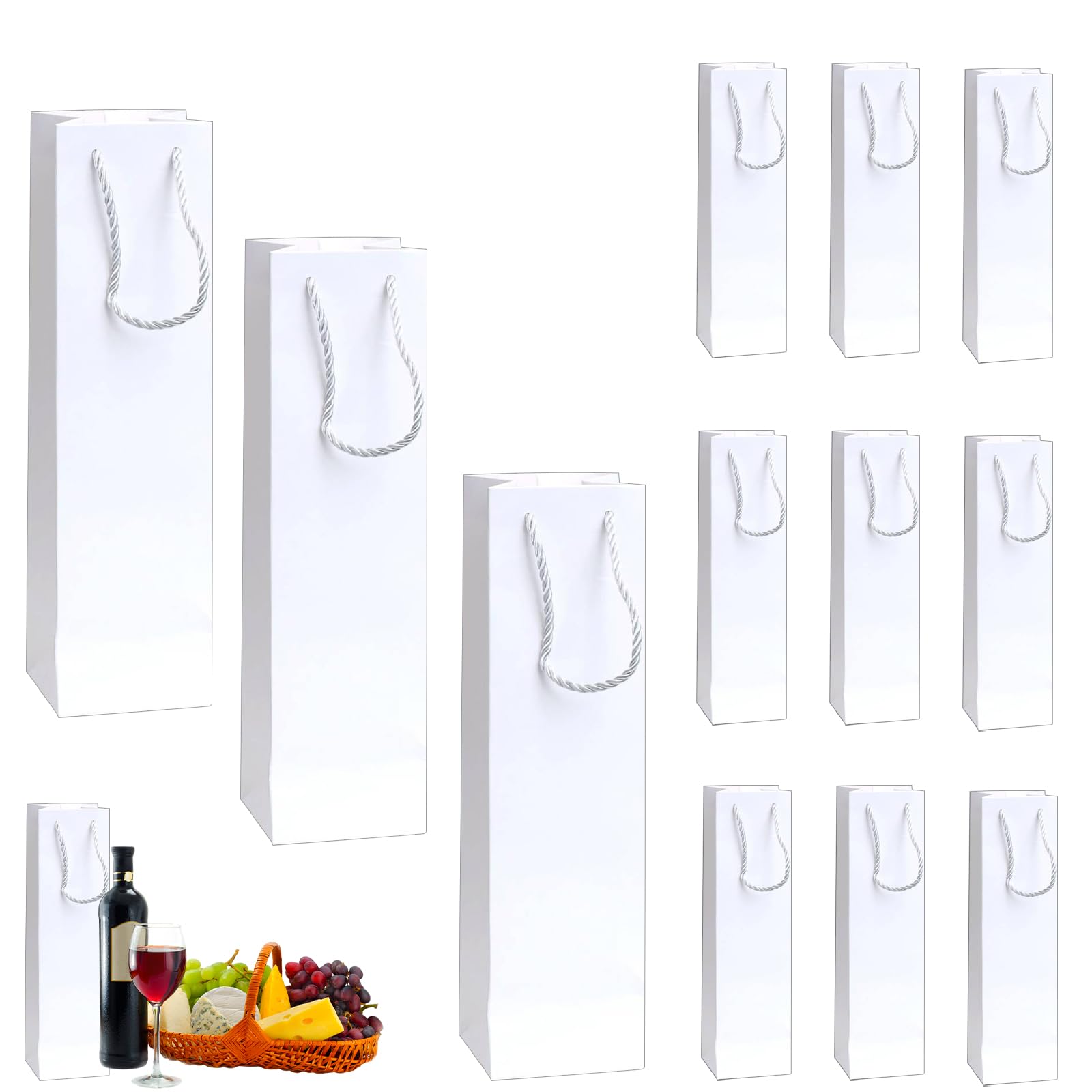 POPOYU White Bottle Gift Bags Multipack,12 Packs Christmas Bags for Wine with Handle and Kraft Paper Tags,New Year Xmas Wine Bottle Bags for Red Wine Whiskey Champagne Gifts Wrapping Xmas