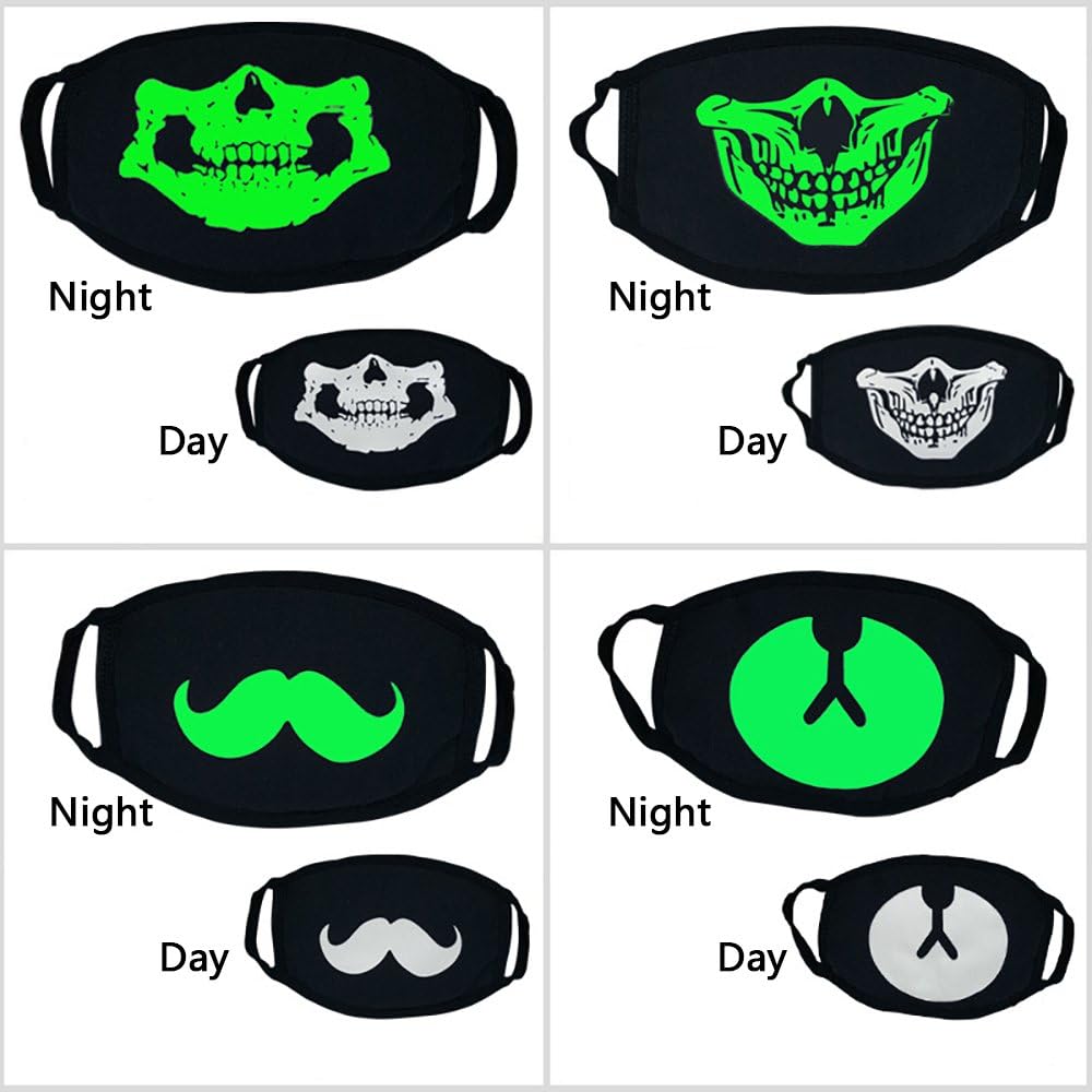 SROL 4pcs Luminous Mouth Mask Unisex Cotton Blend Anti Dust Cool Luminous Face Mouth Mask Glow in the Dark for Cycling Halloween Cosplay Party