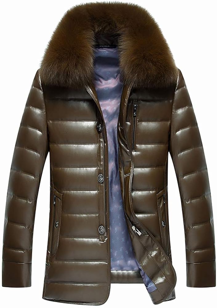 Topg Men S Fur Collar Winter Jacket Zipper Warm Leather Coat Duck