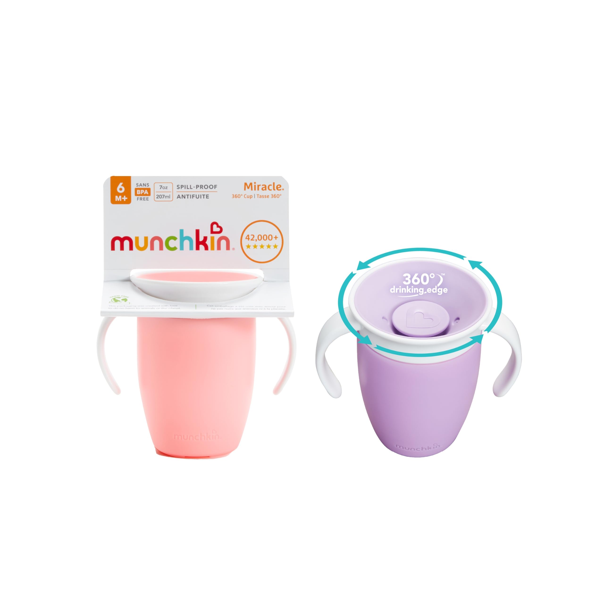 Munchkin Miracle 360 Sippy Cup | Trainer Toddler Cup | BPA Free Baby & Toddler Cups w.Handles | Non Spill | Dishwasher Safe Baby Cup | Leakproof | 6+ Months | 7oz/207ml | 2 Pack |Pink/Purple