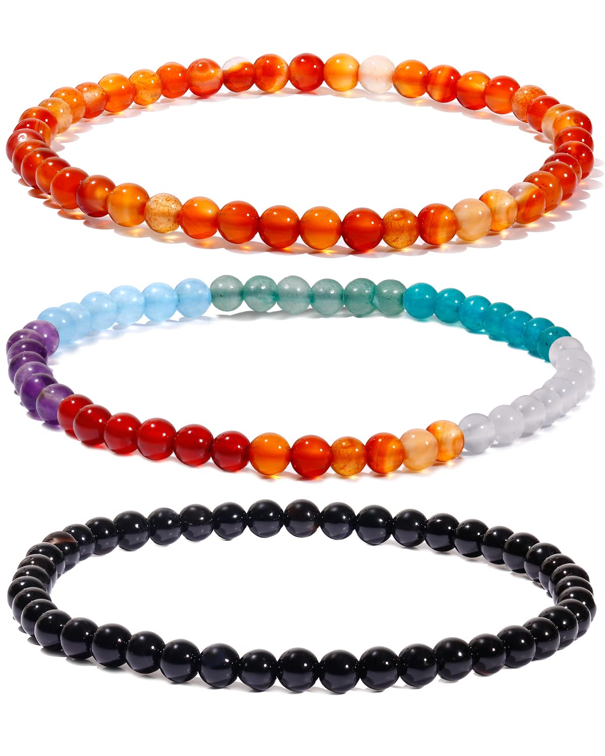 XHUUU 3Pcs Agate Friendship Couples Bracelets Chakra Stones Crystals Stretch Meditation 4mm Beaded Bracelets for Women (Black Obsidian/Red Agate /7 Chakra)