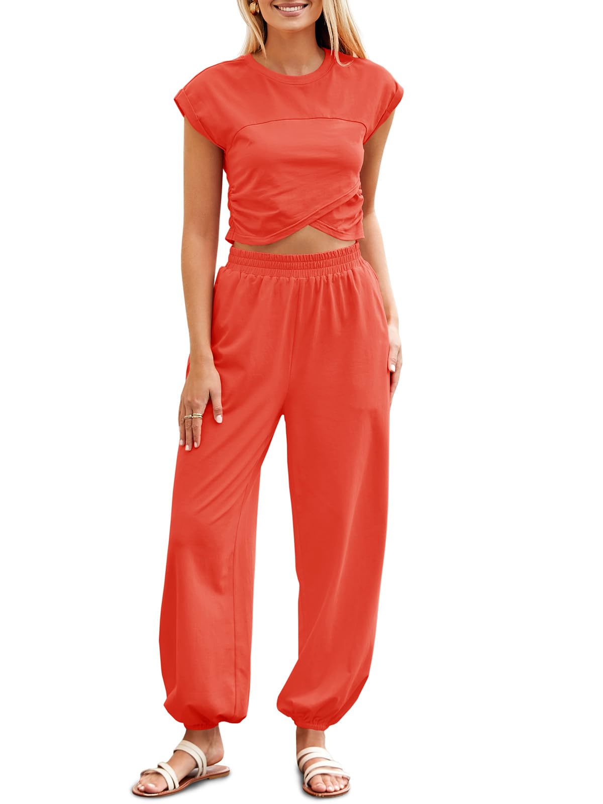 Photo 1 of (medium) Fisoew Womens 2 Piece Outfits Casual Lounge Set Crop Top and Joggers Tracksuits with Pockets