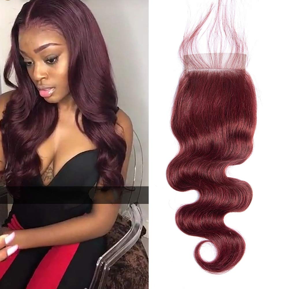 Aigemei Peruvian Virgin Hair 130% Density Body Wave Wine Red 4x4 Free Part Lace Closure With Baby Ha