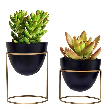 Vintageware Metal Flower Pot Planter with Stand for Living Room Balcony Outdoor Garden, Set of 2 (Golden and Black)