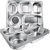 UCEHIPAW 9 Pcs 304 Stainless Steel Divided Plates with 5 Compartments Sturdy Metal Food Tray Heavy Gauge Rectangular Portion Control Plates for Adults Campers