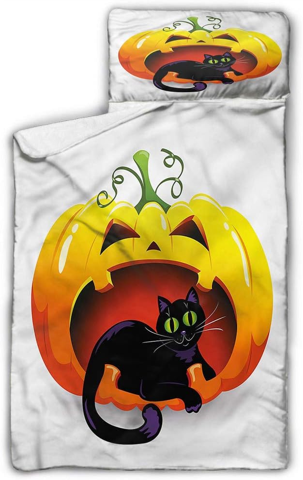 Pumpkin Kids Toddler Nap Mat Halloween Theme Black Cat for Daycare and Preschool 50X20 INCH