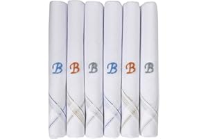 Caruso Italy Men's Initial Monogram Embroidery 100% Pure Cotton Handkerchief White Base With Colored Border - Pack Of 6