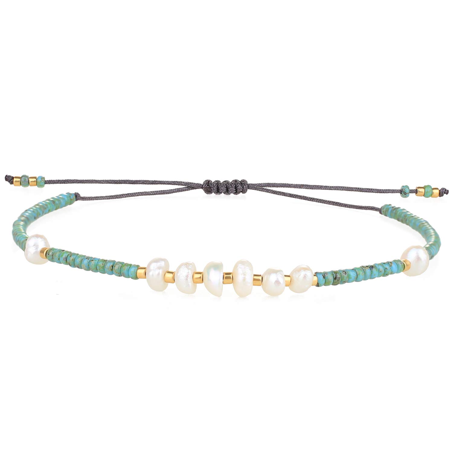 KELITCH Miyuki Beaded Bracelets Natural Stone Pearl Strands Bracelets Adjustable Rope Jewelry (Green 22G)
