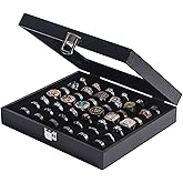 Pangkeep Ring Organizer Display Case,Black Jewelry Storage Tray Boxes for Multiple Rings,Glass Lid,Stackable. (42 Slots)