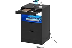 Tiptiper Black Nightstand with LED Lights and Charging Station, LED Bedside Table with Open Storage, 2 Drawers, 1 Pull-Out Tray, End Table.
