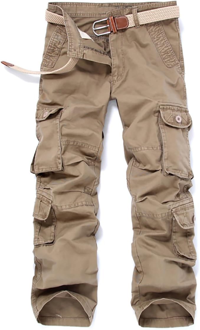 Cheruna Men's Loose Work Mid Rise Outdoor Straight Leg Cargo Pants Khaki 38