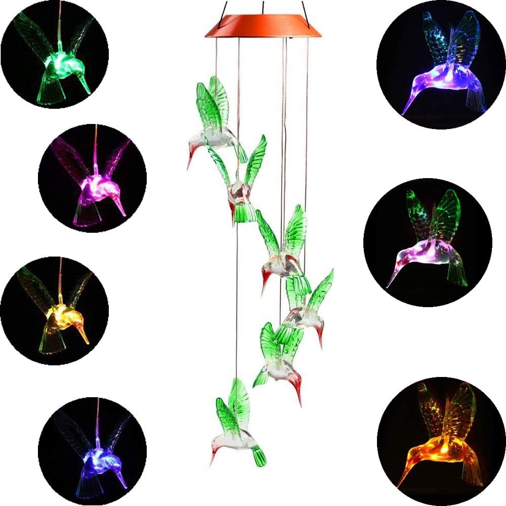 Elisson 1992 Color-Changing LED Solar Mobile Wind Chime, LED Changing Lights Color Anti-Weather Six Hummingbird Wind Chimes For Night Home Party Garden Outdoor Decoration