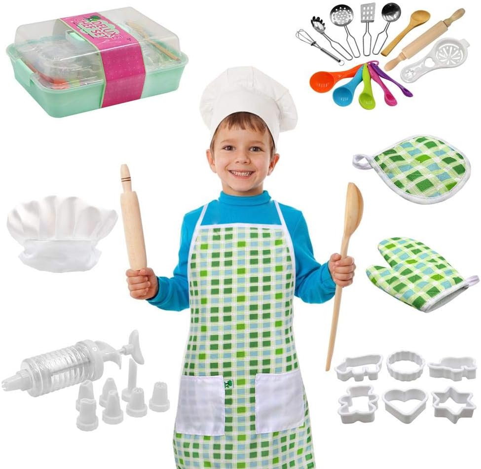 PER 22 Pieces Children's Baking Set, Kitchen Role Play Box Cooking Baking Utensils Toy Playset Real Baking Supplies Kitchen Chef Costume for Children