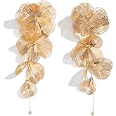 Gold Statement Flower Earrings,Chunky Punk Bunch Dangle Ginkgo Biloba Leaf Tassel Earrings Large Metal Drop Ear Bohemian Layered Petal Floral Jewelry for Women
