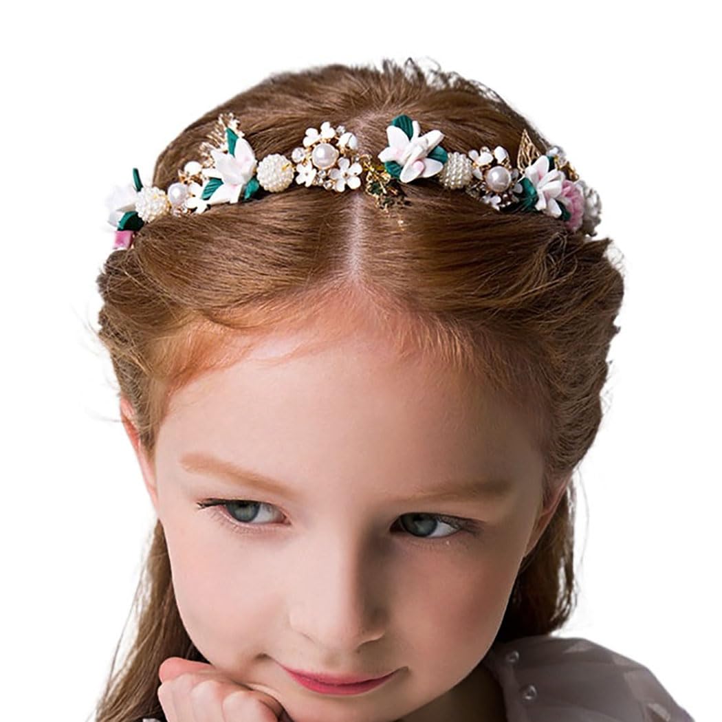 IYOU Flower Headpiece Pearl Wedding Headband Gold Crystal Floral Communion Hair Tiair Accessories for Flower Girls and Bridesmaid.