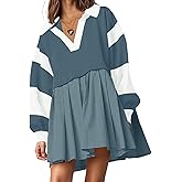 SAUKOLE Women’s Oversized Casual Sweatshirt Patchwork Dress Fall Long Sleeve Trendy Lapel Neck Pleated Mini Dress