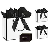 Gift Bags 3 Pcs Large Size Paper Gift Bags with Tissue Paper and Handles,Bow Ribbon and Greeting Cards, 11.8" x 4" x 10", White
