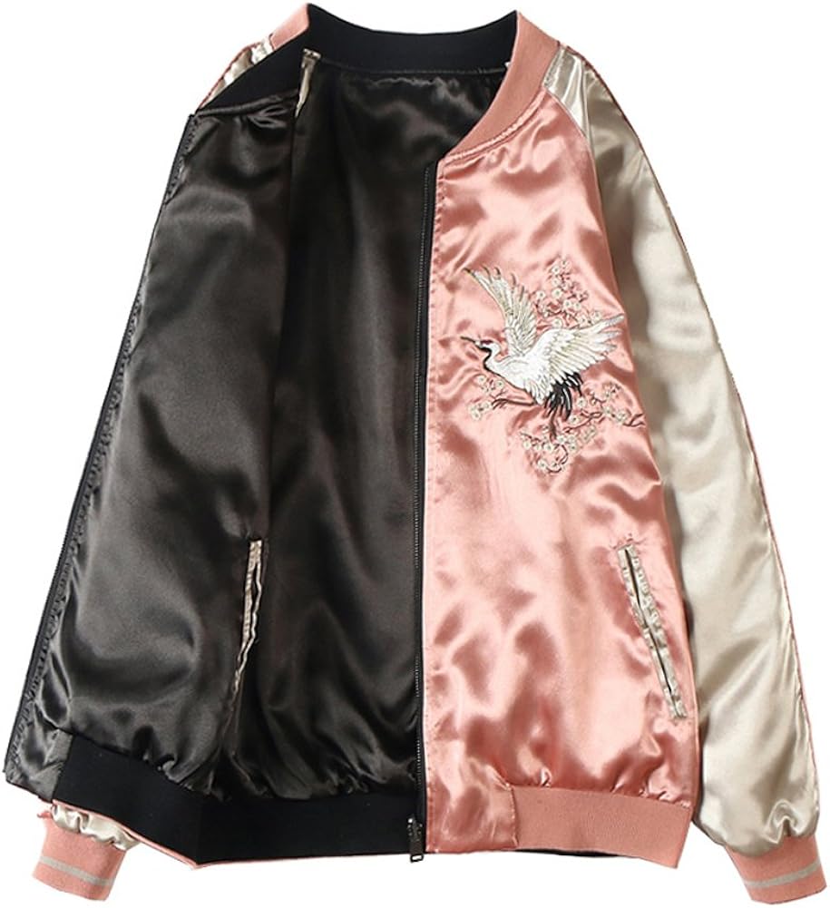 Habille レディース ピンク ブラック 鶴 桜 無地 スカジャン 横須賀 リブブルゾン ラグラン ストリートスタイル おまけ付 ピンク コート ジャケット 通販 Amazon