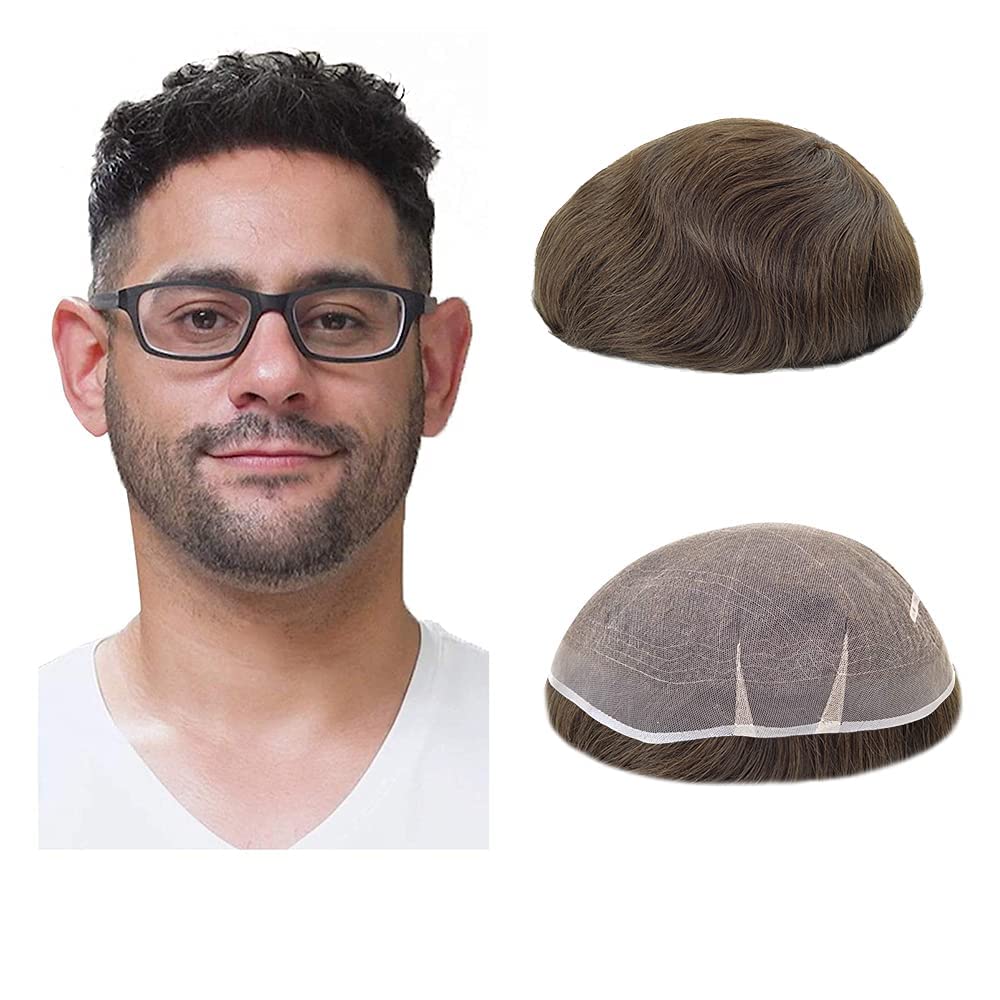 Lordhair Men's Toupee Full French Lace Hair Replacement System, Base Size 8x10 Inch Light Medium Density Hairpiece for Hair Loss Men