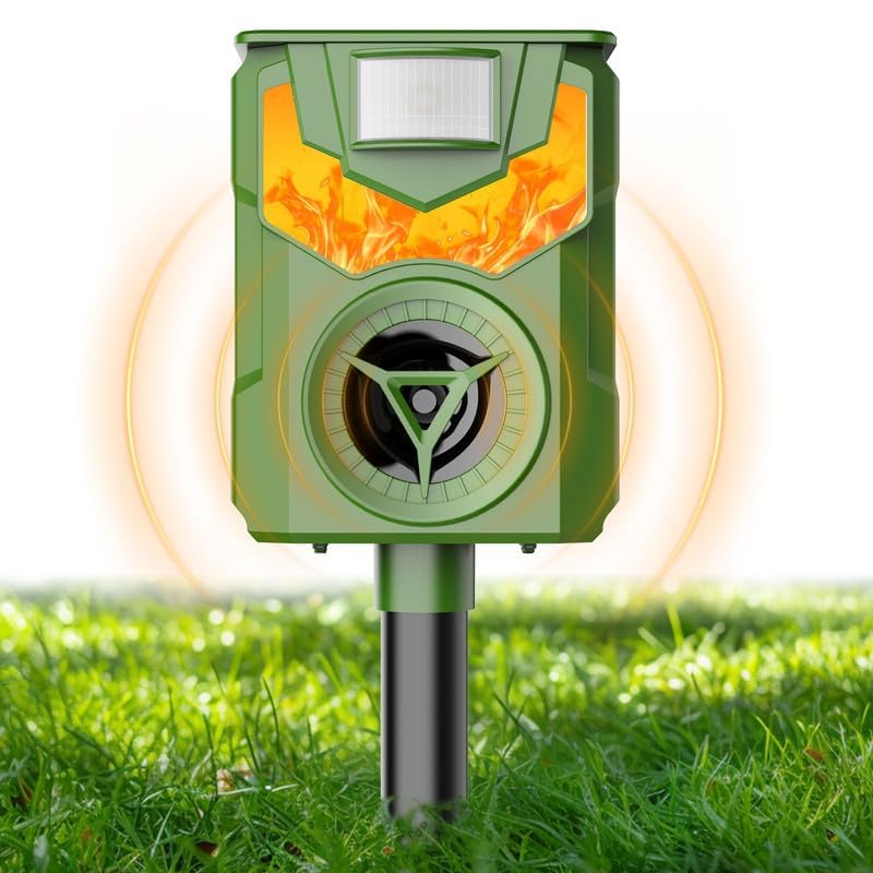 Ultrasonic Cat Repellent, Solar and USB Animal Repellent, IP54 Waterproof Outdoor Cat Repellent with LED Flame Light and Detector for Cats Dogs Mice Raccoons Birds