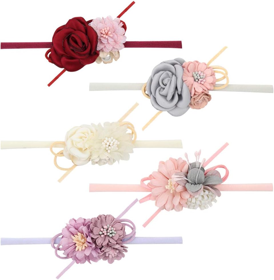 VOBOBE Baby Girl Nylon Headbands Infant Flower Elastic Hair band Bows Wraps For Newborn Toddler Hair Accessories Pack of 3,Flower Td015,Medium