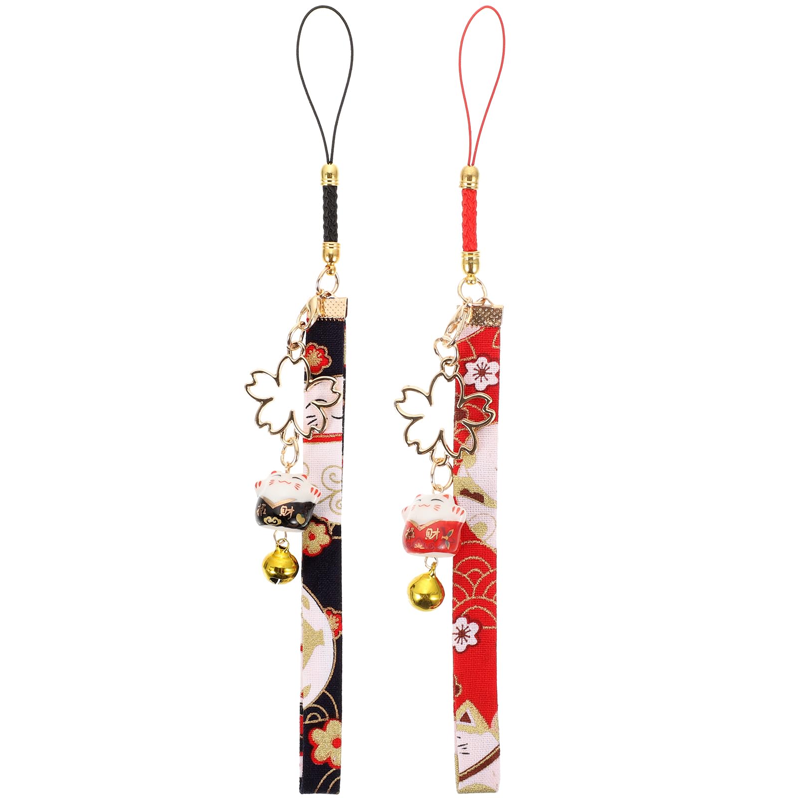Hemobllo 2Pcs Cat Bell Phone Charm Hanging Strap Decorative Mobile Phone Lanyard for Unique Maneki Neko Pendant for Phones Keys Cameras Black Red Design