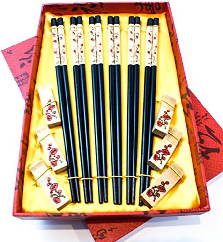 Authentic Chinese Chopsticks - Includes Chopstick Holder - Wooden Chopsticks - Perfect for Holiday Gift Ideas - Box set of 5 (Black Cherry) ...