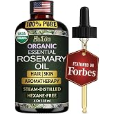 Organic Rosemary Oil for Hair Growth, 100% Pure USDA Certified, 4 Fl Oz | Hexane-Free, Steam-Distilled for Scalp, Skin &amp; Aromatherapy &ndash; Nourishes Roots, Non-Greasy in Amber Glass Bottle