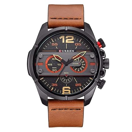 Curren Business Casual Brown Leather Band Watch with Black Dial and Decorative Sub-Dials for Men & Boys + Free Assured Gift