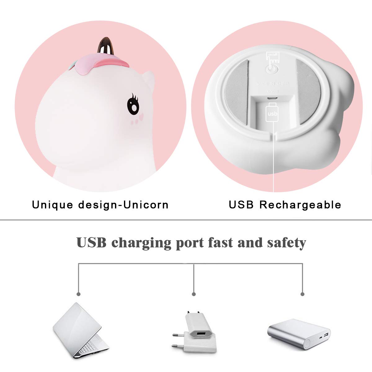 Unicorno Luce Notturna LED per Bambini, Sunvito Cute Lampada USB Ricaricabile in Silicone, Controllo Touch, Luce Calda Dimmerabile e 7-Colore Regolabile (Bianco)