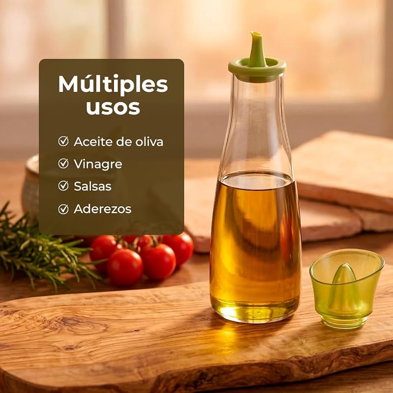 - Aceitera de Vidrio Borosilicato con Vertedor de Silicona - 250 ml - Ideal para Aceite, Vinagre y Salsas - Apta para Lavavajillas - Dosificador para Cocina y Mesa