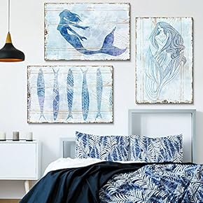 3 Panel Canvas Wall Art - Rustic Style Mermaid and Fish - Giclee Print Gallery Wrap Modern Home Art Ready to Hang - 16"x24" x 3 Panels