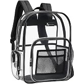 Heavy Duty Clear Backpack with Mesh Organizer, Clear Bookbag (Large, Black)