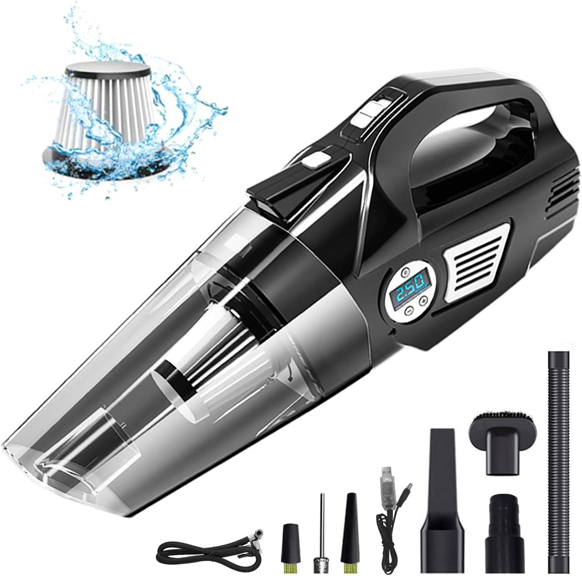helloleiboo Car Vacuum 4 in 1 Handheld Cordless Air Compressor Pump 6000Pa Rechargeable Vacuum Cleaner with LED Light