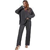 Mushan Women's 2 Piece Lounge Set V Neck Casual Ribbed Knit Pajama Set Wide leg pants Pajama Set