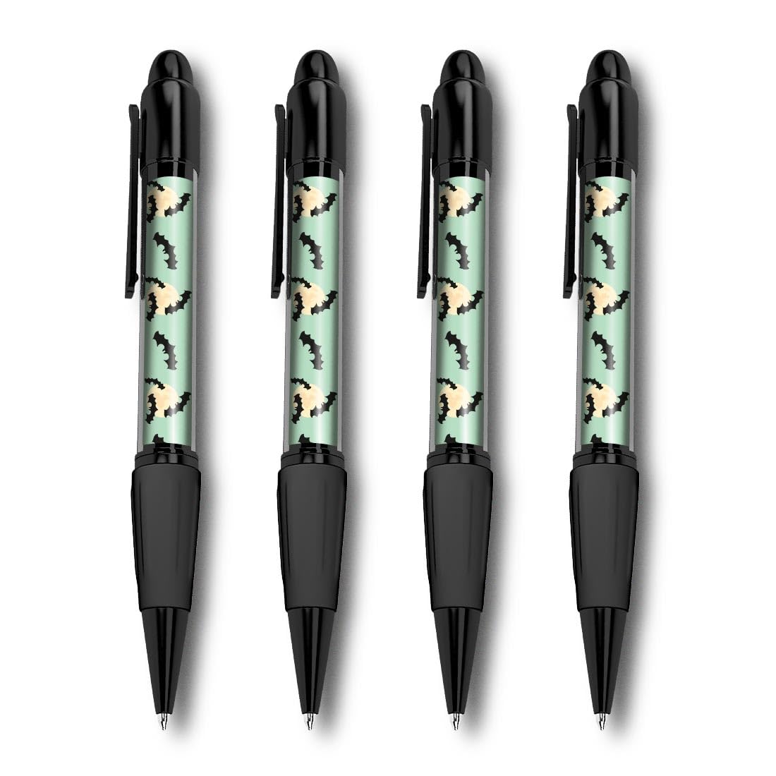 Set of 4 Black Ballpoint Pens (Photo Insert) - Spooky Bats Moon Halloween - Soft Feel Finger Grip #170878