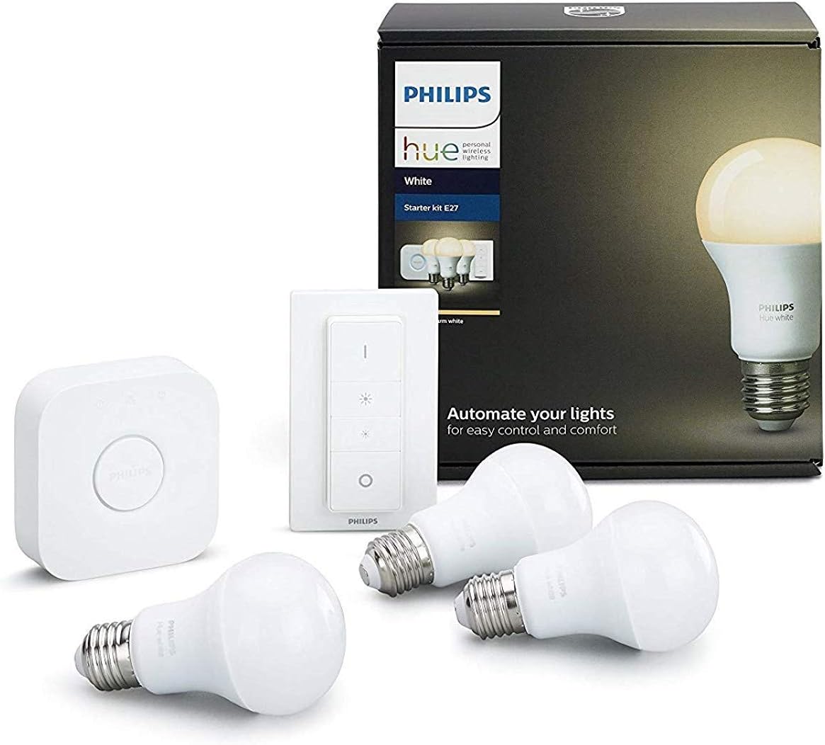 Philips 8718696728987 A +, Hue LED E27 Starter Set of 3 9 5 W with Dimmer Switch, Plastic 9.5 Watt, E27, White, 61 x 6.1 x 11 cm