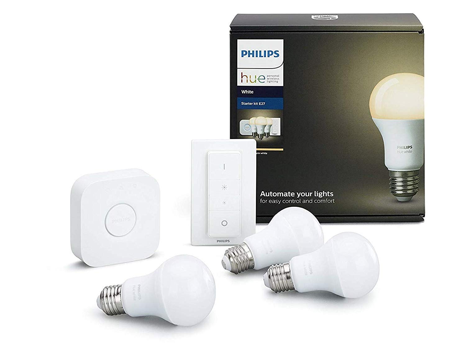 Philips 8718696728987 A +, Hue LED E27 Starter Set of 3 9 5 W with Dimmer Switch, Plastic 9.5 Watt, E27, White, 61 x 6.1 x 11 cm